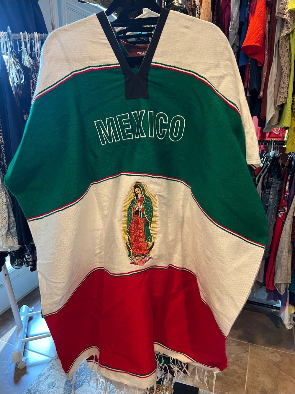 Mexico Green White Red Serape with Virgin of Guadalupe Embroidery -